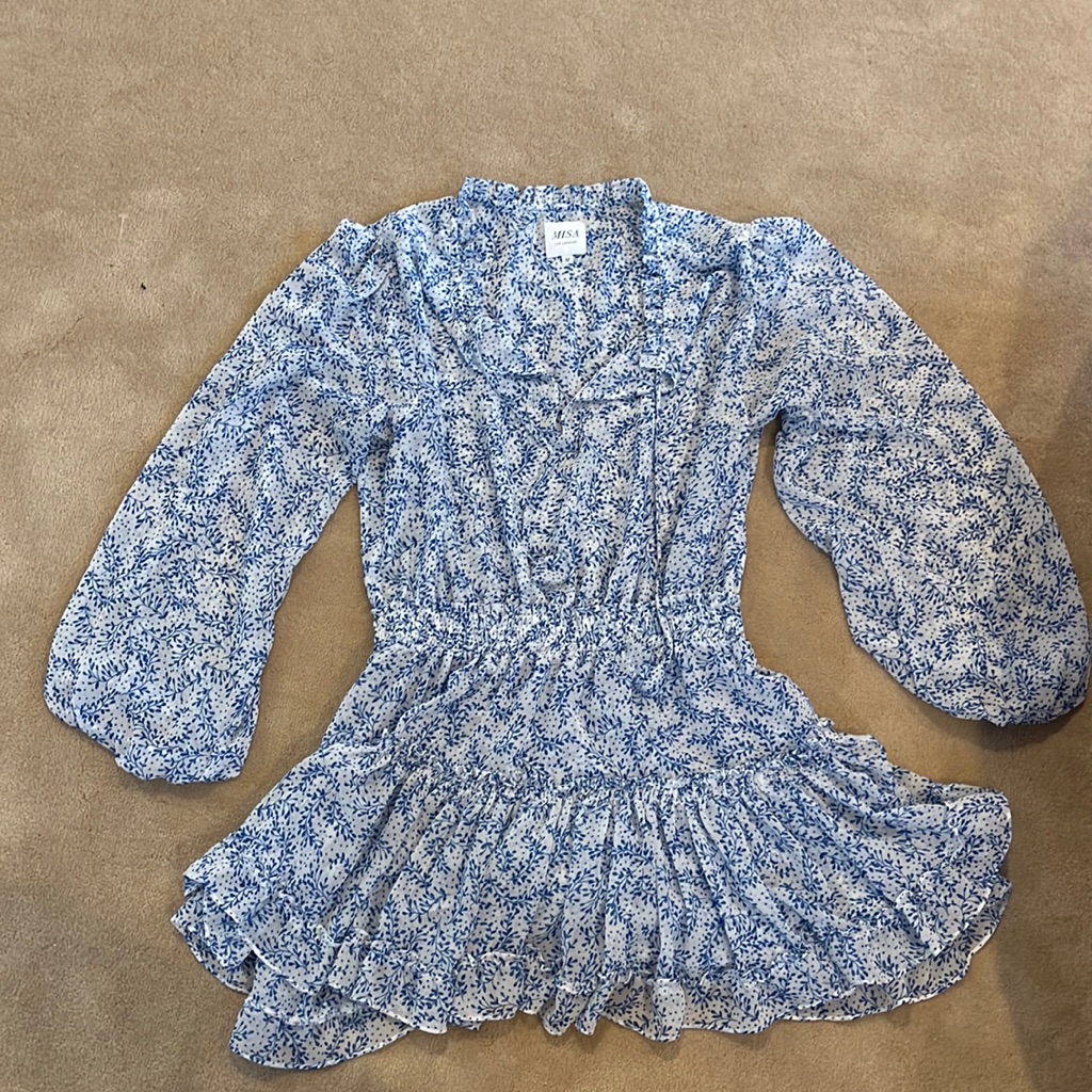 Misa Los Angeles Lorena Dress Blue Petals Mini Long Sleeve White Floral Tiered